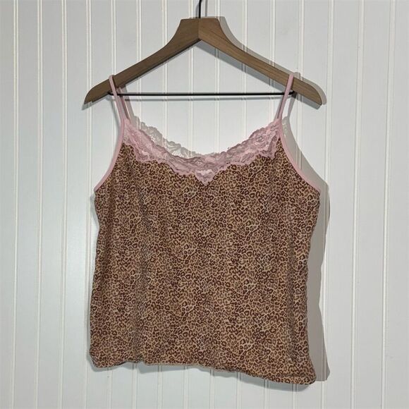 Cacique Leopard Print Cami Tank Top 22/24 Lace Trim Cotton Adjustable Straps - Picture 1 of 7